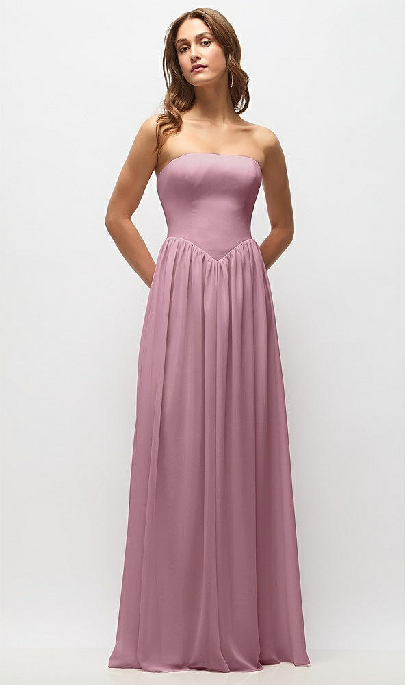 Front View - Dusty Pink Strapless Basque Drop Waist Chiffon Maxi Dress with Shirred Skirt 