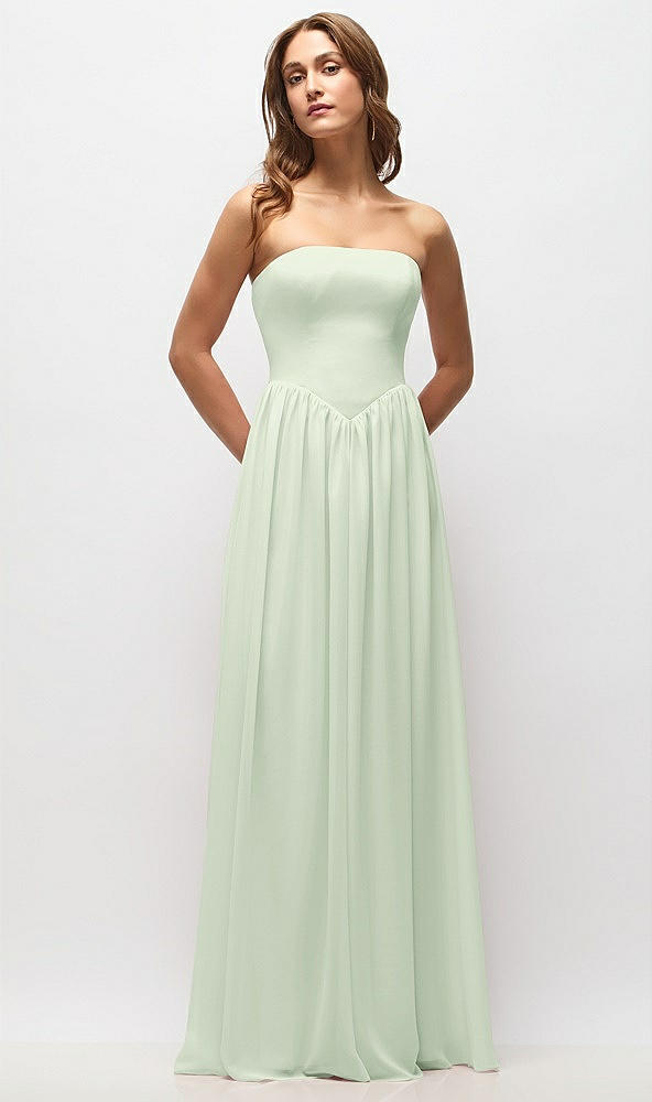 Front View - Mint Green Strapless Basque Drop Waist Chiffon Maxi Dress with Shirred Skirt 