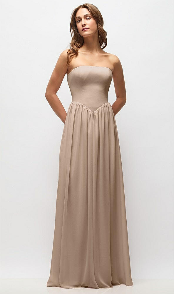 Front View - Topaz Strapless Basque Drop Waist Chiffon Maxi Dress with Shirred Skirt 
