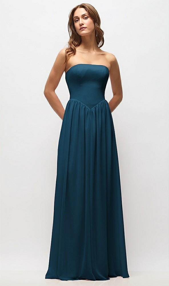 Front View - Atlantic Blue Strapless Basque Drop Waist Chiffon Maxi Dress with Shirred Skirt