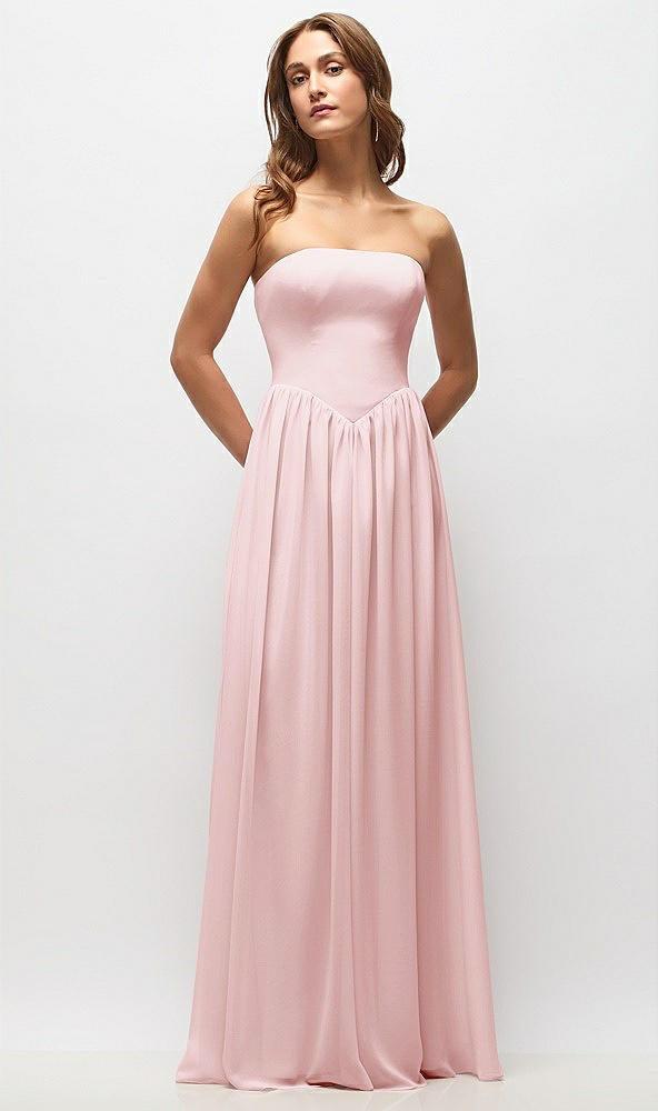 Front View - Ballet Pink Strapless Basque Drop Waist Chiffon Maxi Dress with Shirred Skirt 
