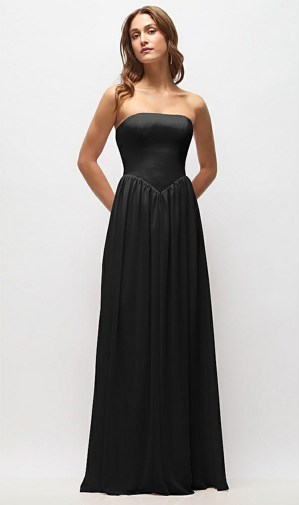 Front View - Black Strapless Basque Drop Waist Chiffon Maxi Dress with Shirred Skirt 