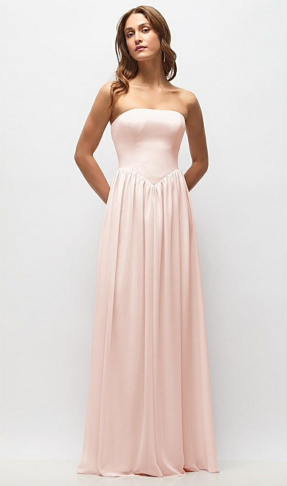 Front View - Blush Strapless Basque Drop Waist Chiffon Maxi Dress with Shirred Skirt 