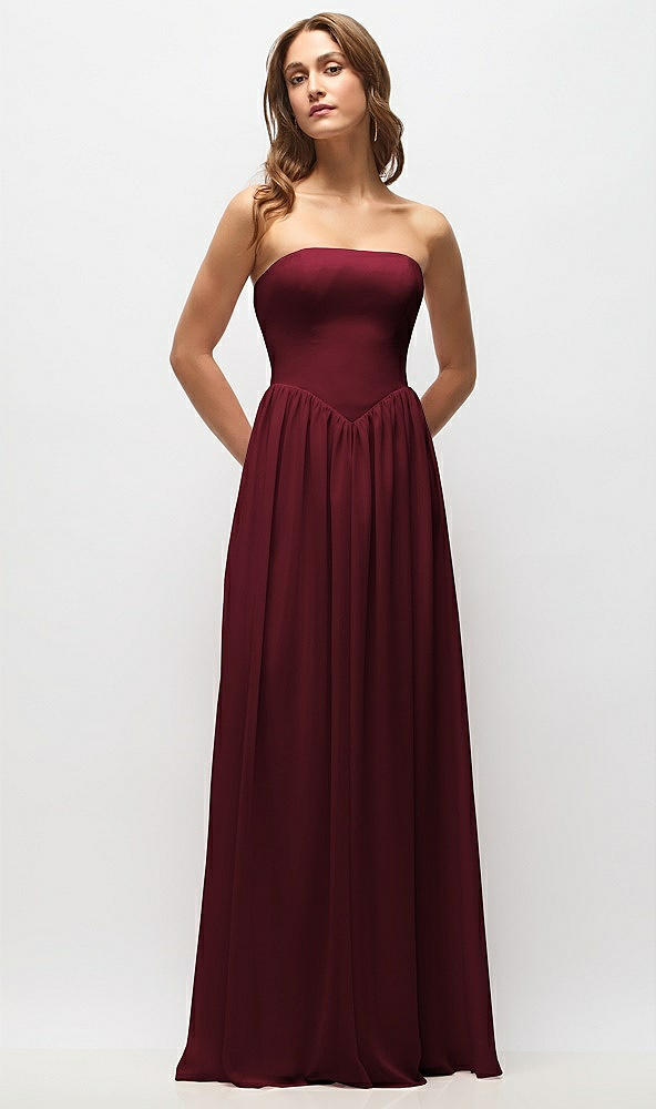 Front View - Cabernet Strapless Basque Drop Waist Chiffon Maxi Dress with Shirred Skirt