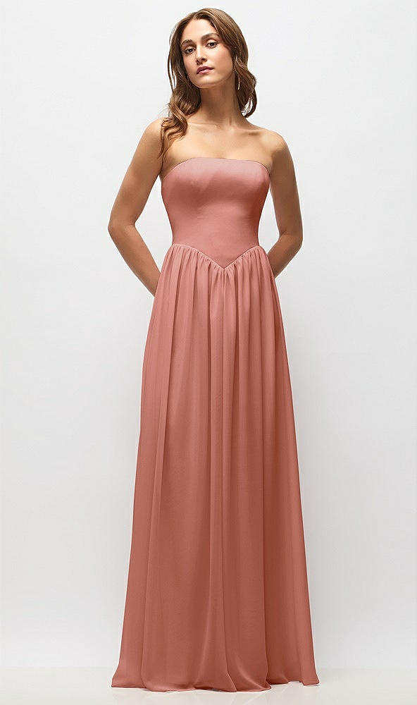 Front View - Desert Rose Strapless Basque Drop Waist Chiffon Maxi Dress with Shirred Skirt 