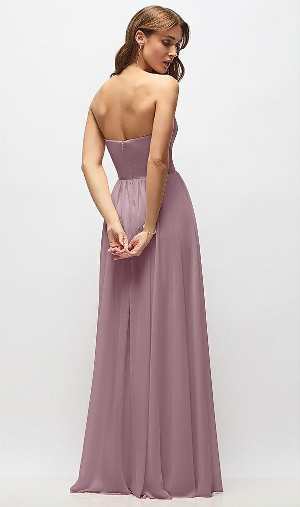 Back View - Dusty Rose Strapless Basque Drop Waist Chiffon Maxi Dress with Shirred Skirt 