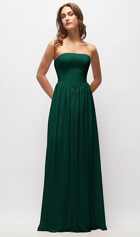 Front View - Hunter Green Strapless Basque Drop Waist Chiffon Maxi Dress with Shirred Skirt 