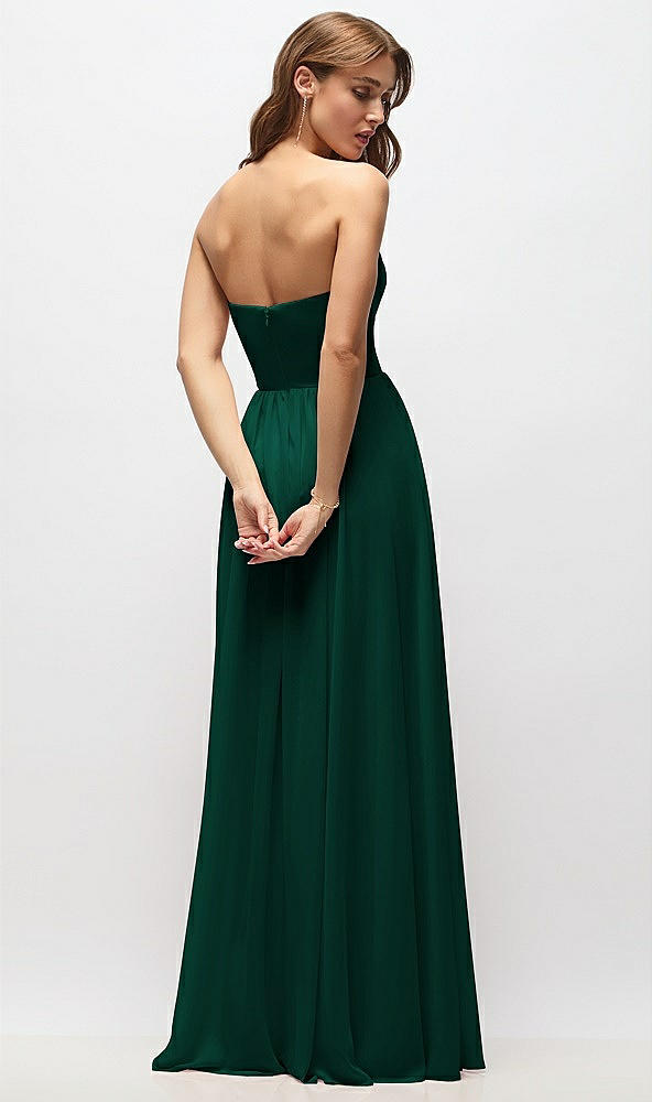 Back View - Hunter Green Strapless Basque Drop Waist Chiffon Maxi Dress with Shirred Skirt 