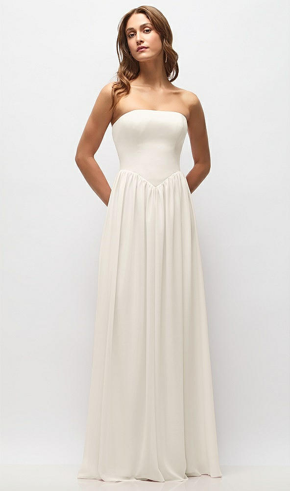 Front View - Ivory Strapless Basque Drop Waist Chiffon Maxi Dress with Shirred Skirt 