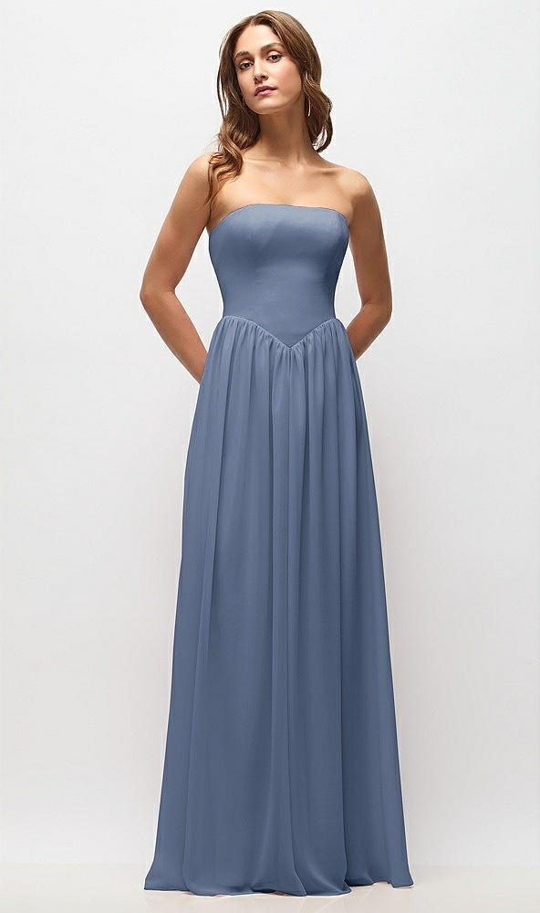 Front View - Larkspur Blue Strapless Basque Drop Waist Chiffon Maxi Dress with Shirred Skirt 