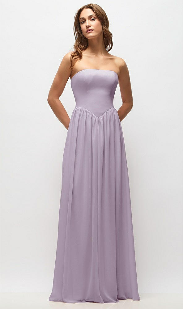 Front View - Lilac Haze Strapless Basque Drop Waist Chiffon Maxi Dress with Shirred Skirt 