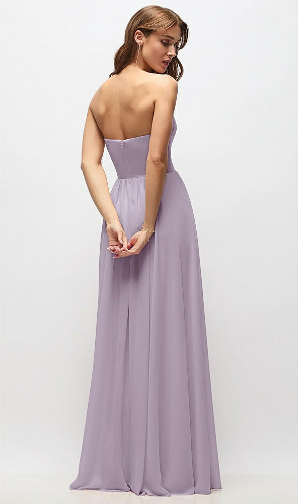 Back View - Lilac Haze Strapless Basque Drop Waist Chiffon Maxi Dress with Shirred Skirt 