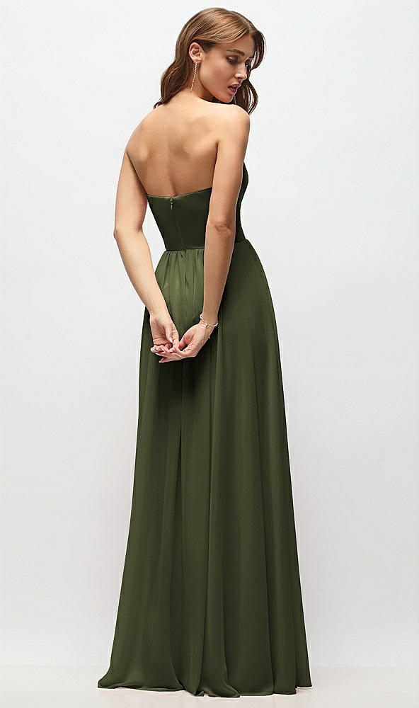 Back View - Olive Green Strapless Basque Drop Waist Chiffon Maxi Dress with Shirred Skirt 