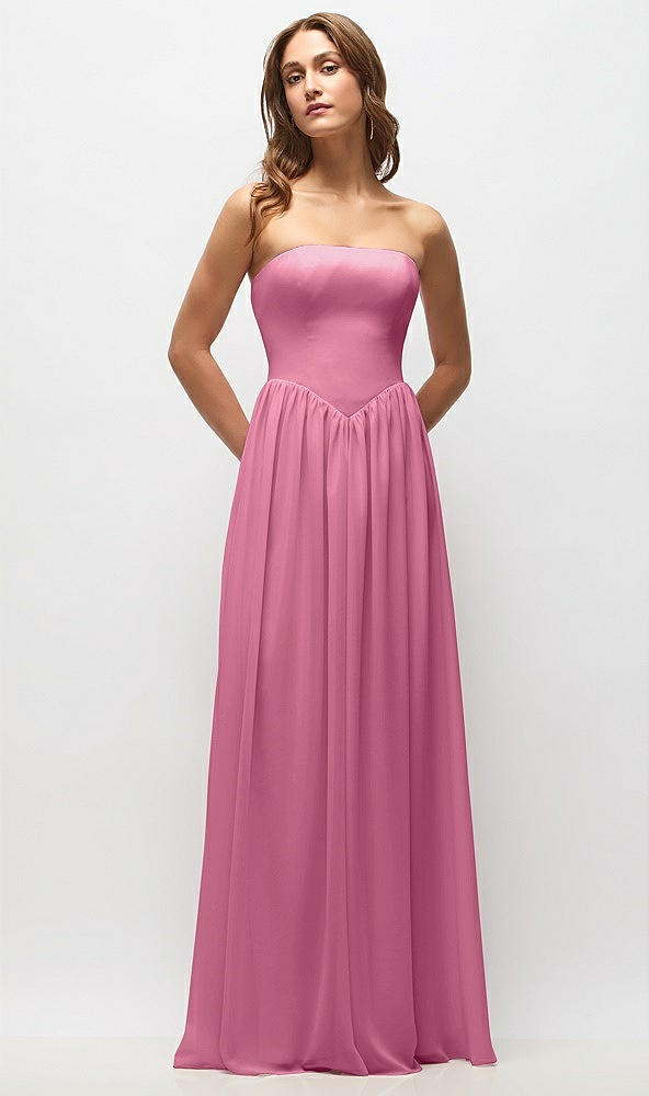 Front View - Orchid Pink Strapless Basque Drop Waist Chiffon Maxi Dress with Shirred Skirt 