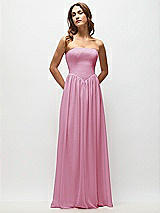 Front View Thumbnail - Powder Pink Strapless Basque Drop Waist Chiffon Maxi Dress with Shirred Skirt