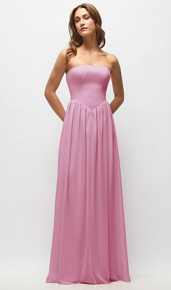 Front View - Powder Pink Strapless Basque Drop Waist Chiffon Maxi Dress with Shirred Skirt