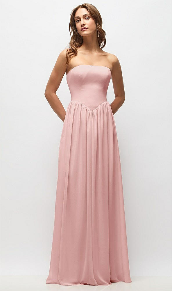 Front View - Rose Strapless Basque Drop Waist Chiffon Maxi Dress with Shirred Skirt 