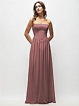 Front View Thumbnail - Rosewood Strapless Basque Drop Waist Chiffon Maxi Dress with Shirred Skirt 