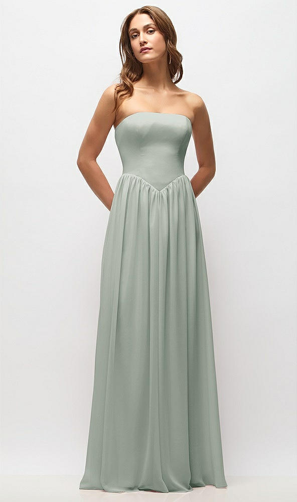 Front View - Willow Green Strapless Basque Drop Waist Chiffon Maxi Dress with Shirred Skirt 