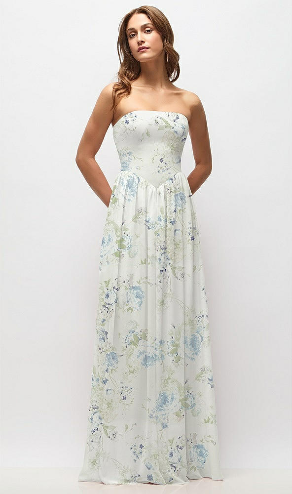 Front View - Bleu Garden Strapless Basque Drop Waist Floral Chiffon Maxi Dress with Shirred Skirt