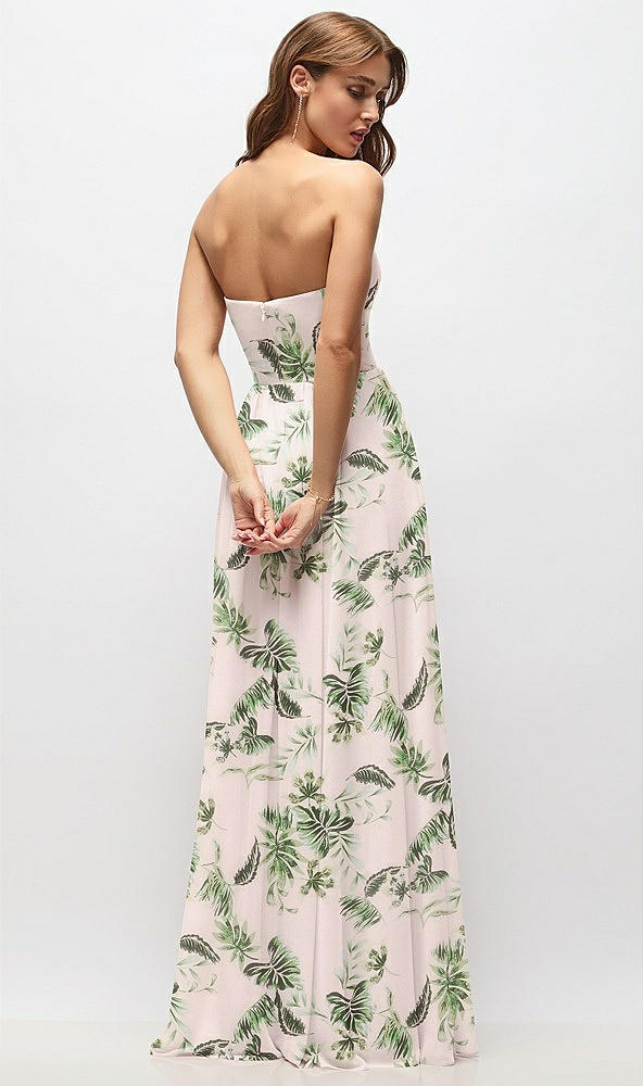 Back View - Palm Beach Print Strapless Basque Drop Waist Floral Chiffon Maxi Dress with Shirred Skirt 