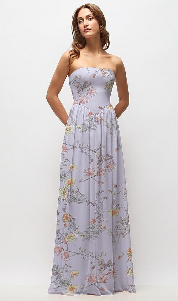 Front View - Butterfly Botanica Silver Dove Strapless Basque Drop Waist Floral Chiffon Maxi Dress with Shirred Skirt 