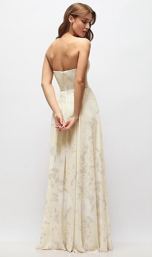 Back View - Butter Yellow Floral Strapless Basque Drop Waist Floral Chiffon Maxi Dress with Shirred Skirt 