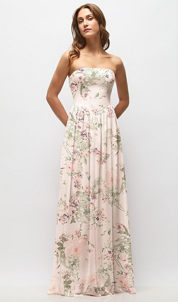 Front View - Blush Garden Strapless Basque Drop Waist Floral Chiffon Maxi Dress with Shirred Skirt 