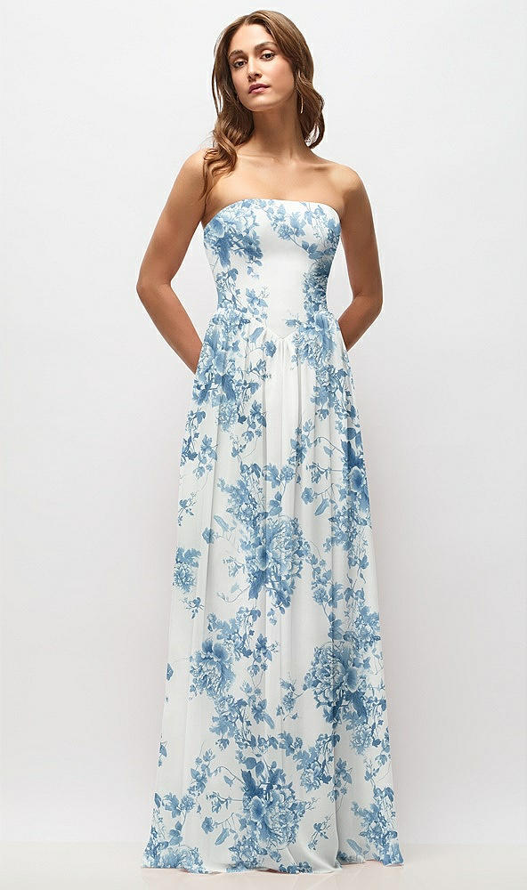 Front View - Cottage Rose Dusk Blue Strapless Basque Drop Waist Floral Chiffon Maxi Dress with Shirred Skirt 