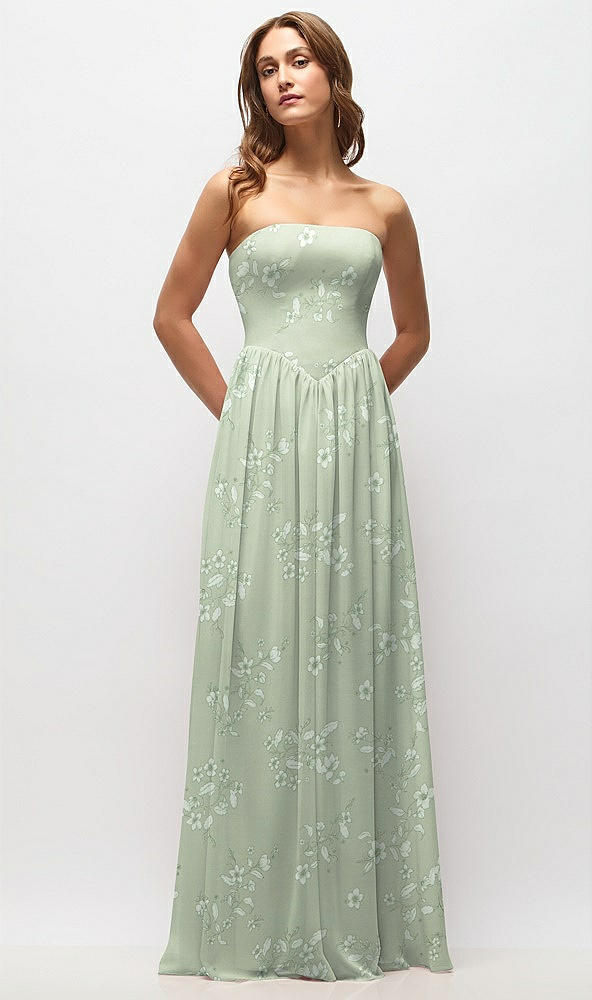 Front View - Vintage Primrose Sage Strapless Basque Drop Waist Floral Chiffon Maxi Dress with Shirred Skirt 