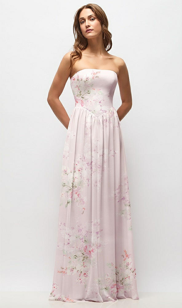 Front View - Watercolor Print Strapless Basque Drop Waist Floral Chiffon Maxi Dress with Shirred Skirt 