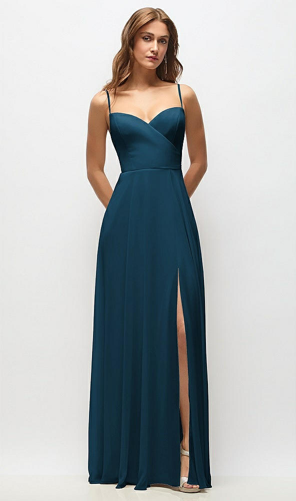 Front View - Atlantic Blue Wrap Bodice Chiffon Maxi Dress with Adjustable Spaghetti Straps