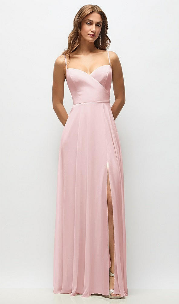 Front View - Ballet Pink Wrap Bodice Chiffon Maxi Dress with Adjustable Spaghetti Straps
