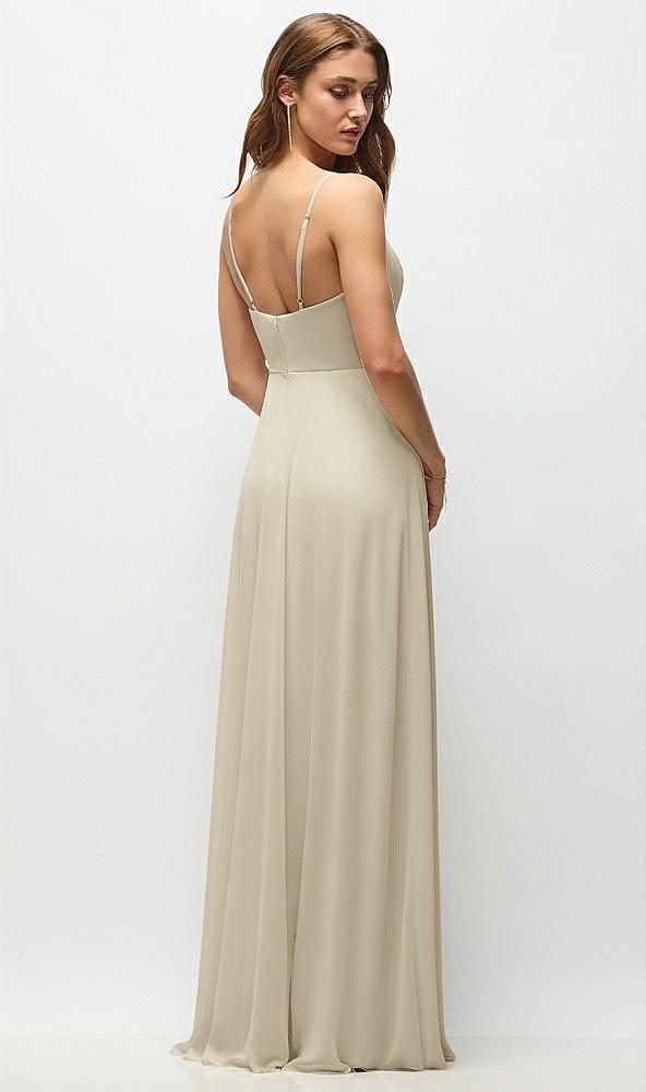 Back View - Champagne Wrap Bodice Chiffon Maxi Dress with Adjustable Spaghetti Straps