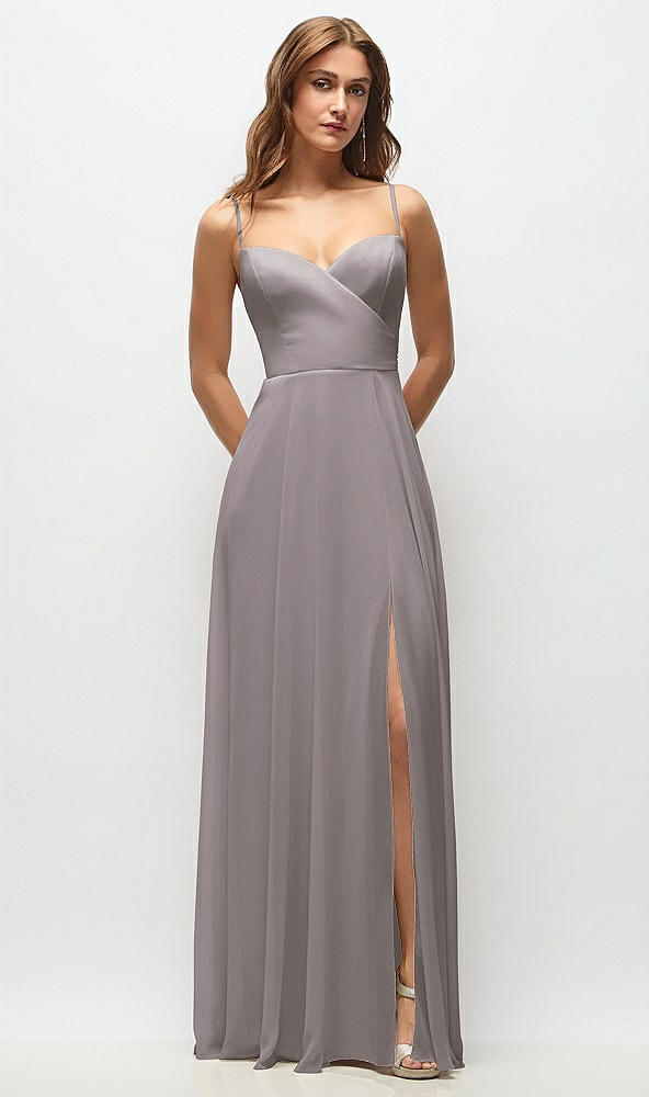 Front View - Cashmere Gray Wrap Bodice Chiffon Maxi Dress with Adjustable Spaghetti Straps