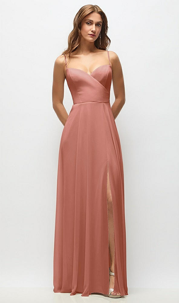 Front View - Desert Rose Wrap Bodice Chiffon Maxi Dress with Adjustable Spaghetti Straps
