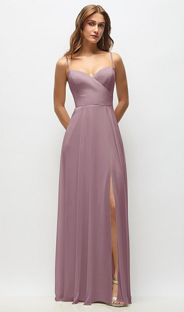 Front View - Dusty Rose Wrap Bodice Chiffon Maxi Dress with Adjustable Spaghetti Straps