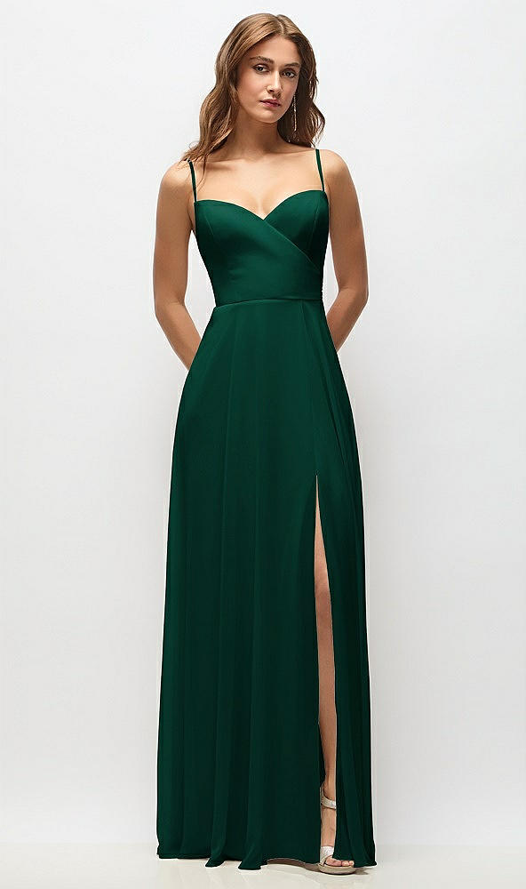 Front View - Hunter Green Wrap Bodice Chiffon Maxi Dress with Adjustable Spaghetti Straps