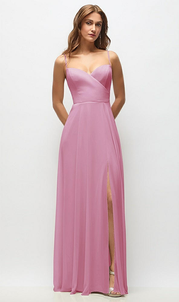 Front View - Powder Pink Wrap Bodice Chiffon Maxi Dress with Adjustable Spaghetti Straps