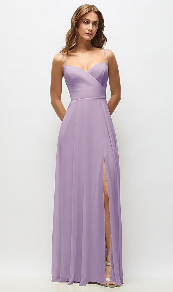 Front View - Pale Purple Wrap Bodice Chiffon Maxi Dress with Adjustable Spaghetti Straps