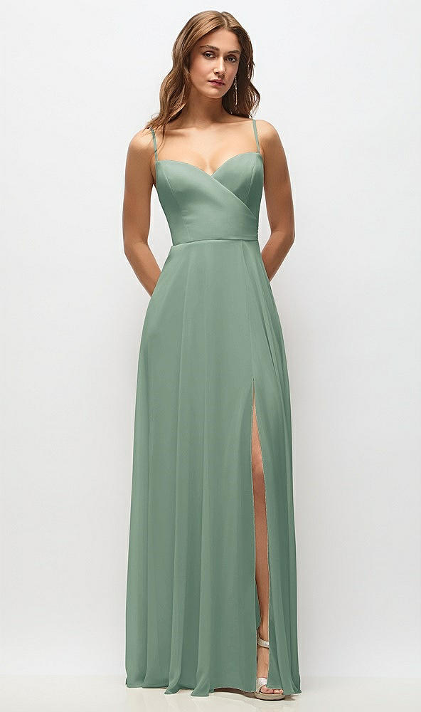 Front View - Seagrass Wrap Bodice Chiffon Maxi Dress with Adjustable Spaghetti Straps