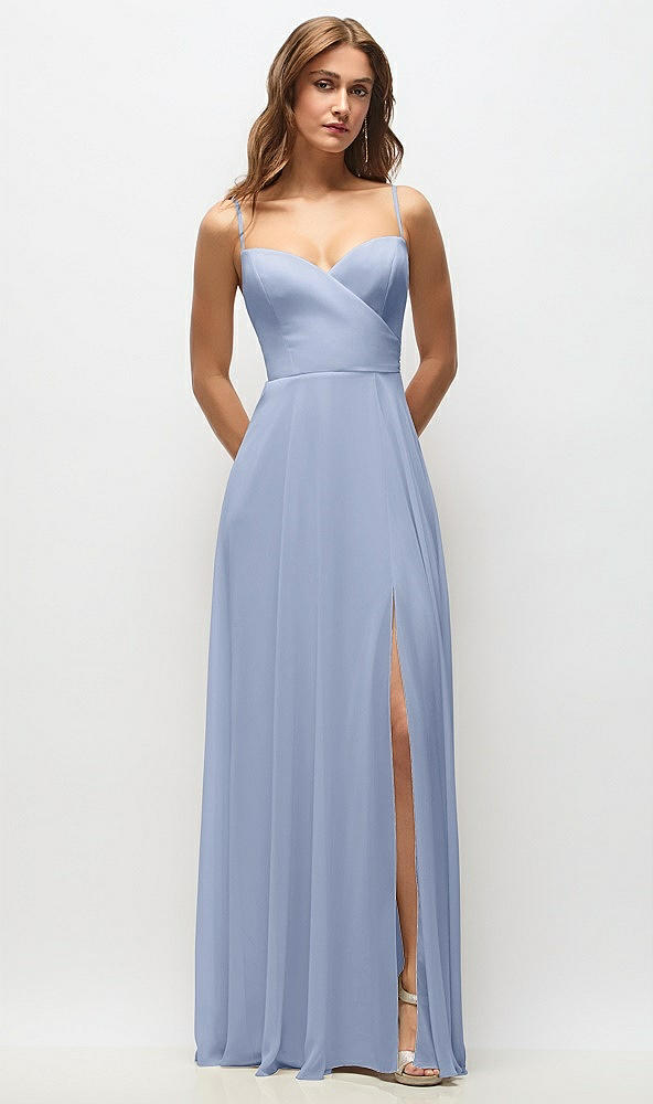 Front View - Sky Blue Wrap Bodice Chiffon Maxi Dress with Adjustable Spaghetti Straps
