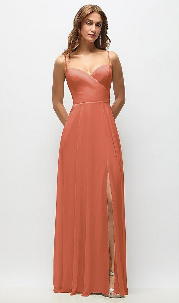 Front View - Terracotta Copper Wrap Bodice Chiffon Maxi Dress with Adjustable Spaghetti Straps