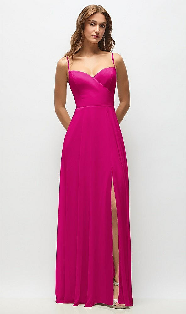 Front View - Think Pink Wrap Bodice Chiffon Maxi Dress with Adjustable Spaghetti Straps