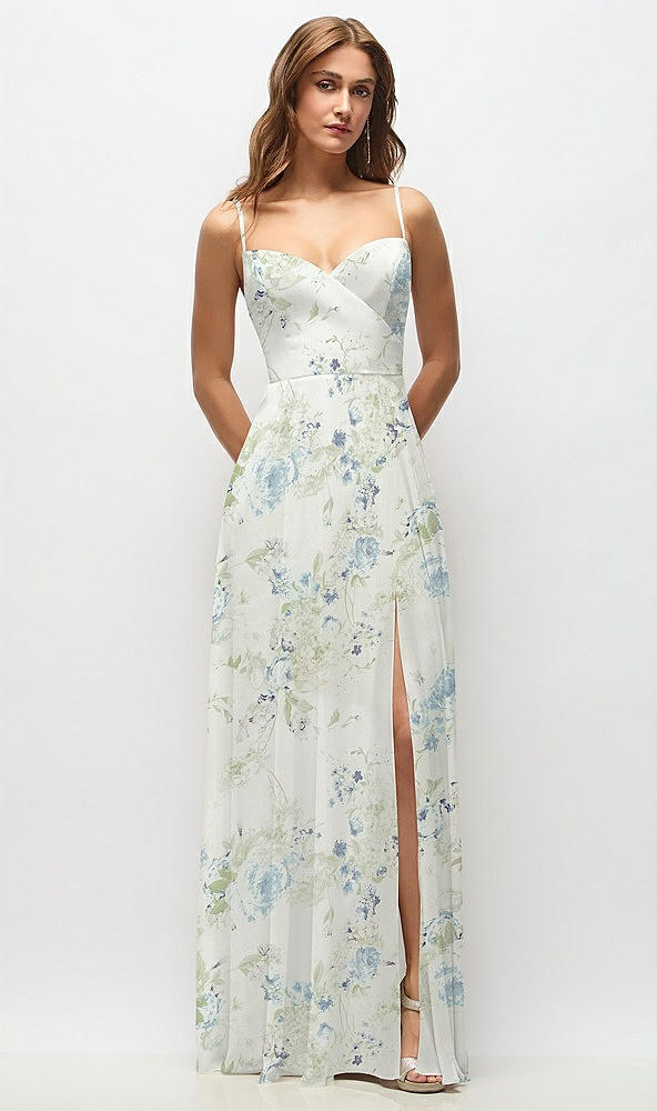 Front View - Bleu Garden Wrap Bodice Floral Chiffon Maxi Dress with Adjustable Spaghetti Straps