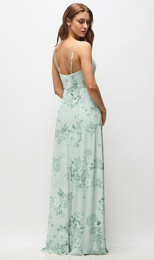 Back View - Mint Green Floral Wrap Bodice Floral Chiffon Maxi Dress with Adjustable Spaghetti Straps