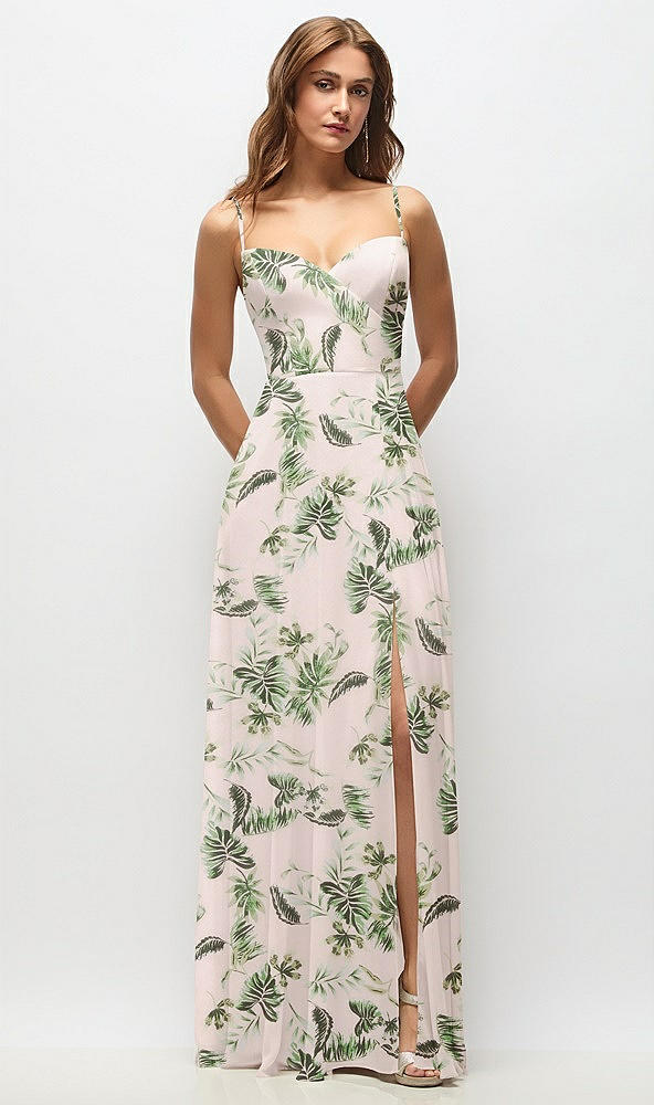 Front View - Palm Beach Print Wrap Bodice Floral Chiffon Maxi Dress with Adjustable Spaghetti Straps