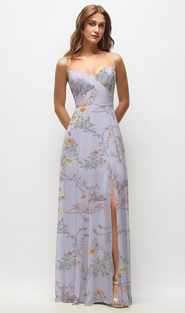 Front View - Butterfly Botanica Silver Dove Wrap Bodice Floral Chiffon Maxi Dress with Adjustable Spaghetti Straps