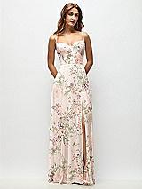Front View Thumbnail - Blush Garden Wrap Bodice Floral Chiffon Maxi Dress with Adjustable Spaghetti Straps