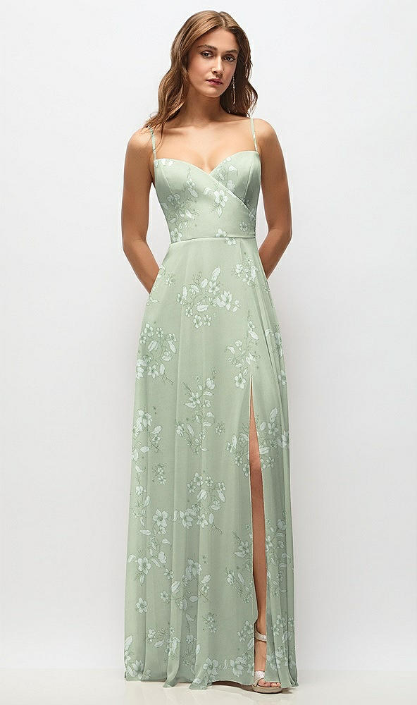 Front View - Vintage Primrose Sage Wrap Bodice Floral Chiffon Maxi Dress with Adjustable Spaghetti Straps